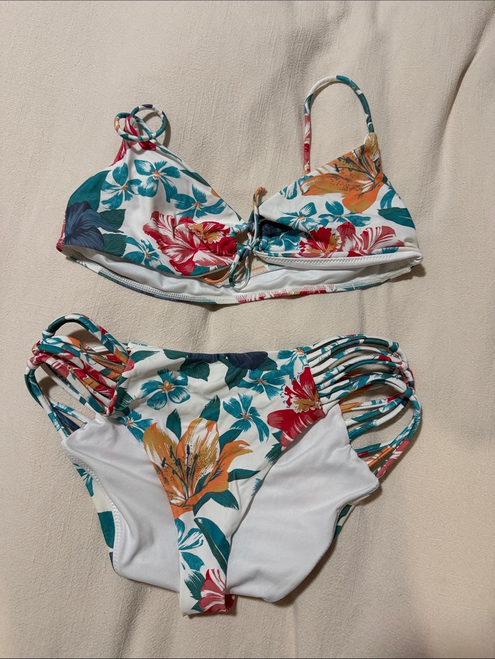 O'Neill White Floral Bikini with Teal, Orange & Red Accents